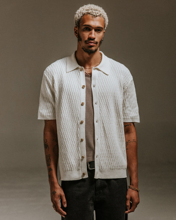 wax london men's Tellaro - Ecru Honeycomb Knitted Cotton Polo Shirt