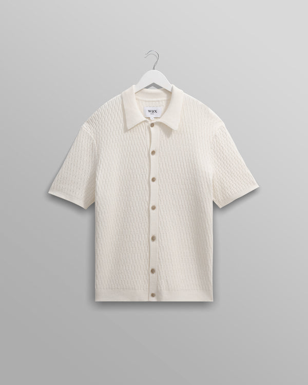 wax london men's Tellaro - Ecru Honeycomb Knitted Cotton Polo Shirt