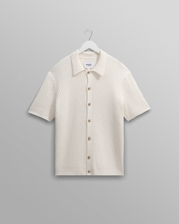 wax london Tellaro - Ecru Honeycomb Knitted Cotton Polo Shirt