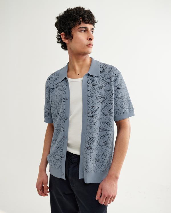 wax london men's Tellaro - Light Blue Flower Jacquard Shirt