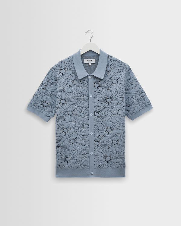 wax london men's Tellaro - Light Blue Flower Jacquard Shirt