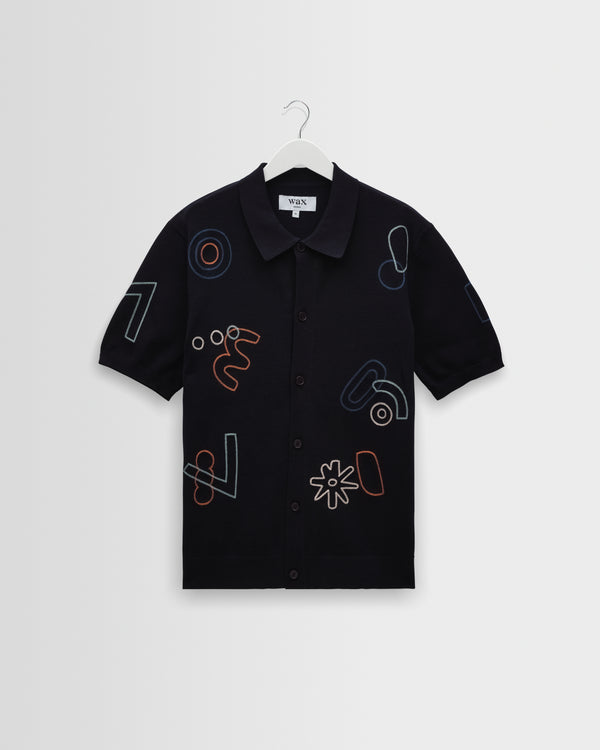 wax london men's Tellaro - Navy And Multicolour Shapes Embroidered Shirt