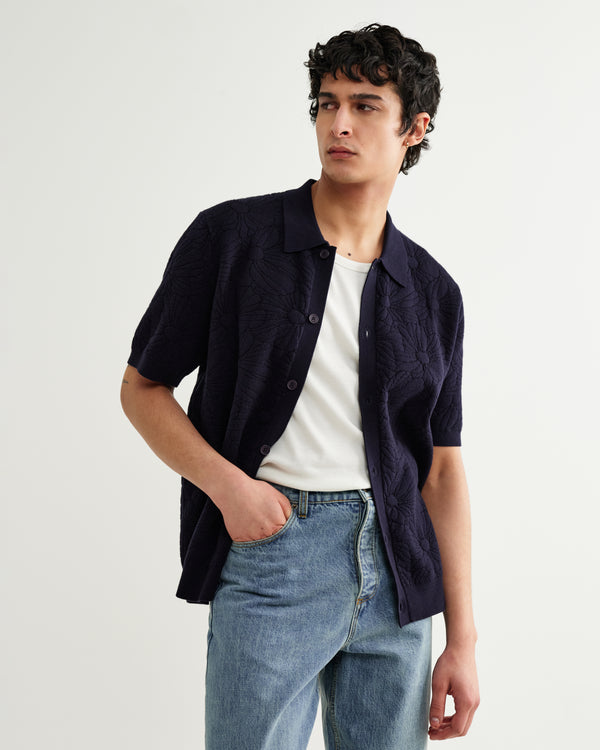 wax london men's Tellaro - Navy Flower Jacquard Shirt