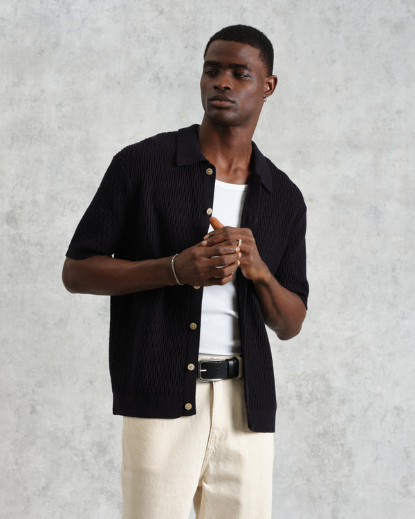 wax london men's Tellaro - Navy Honeycomb Knitted Cotton Polo Shirt