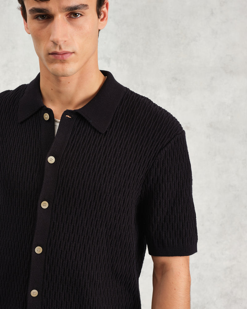 wax london Tellaro - Navy Honeycomb Knitted Cotton Polo Shirt