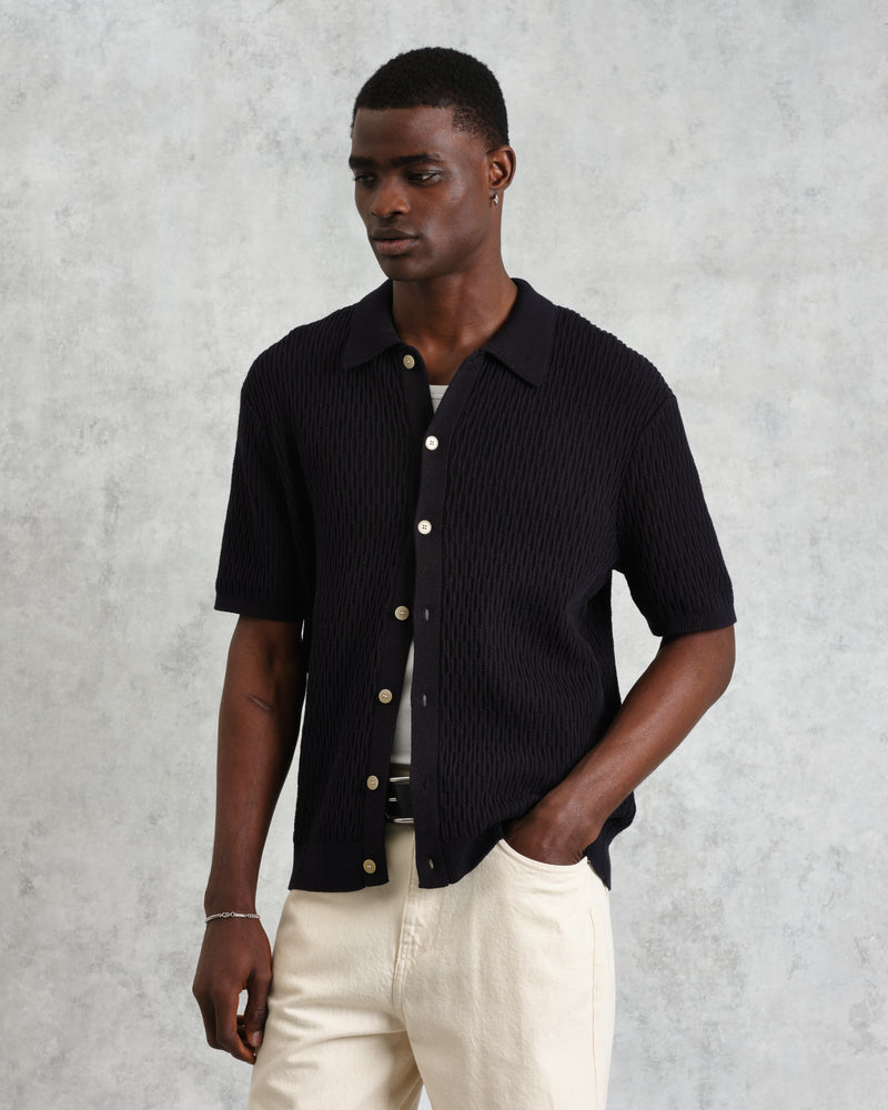 wax london men's Tellaro - Navy Honeycomb Knitted Cotton Polo Shirt