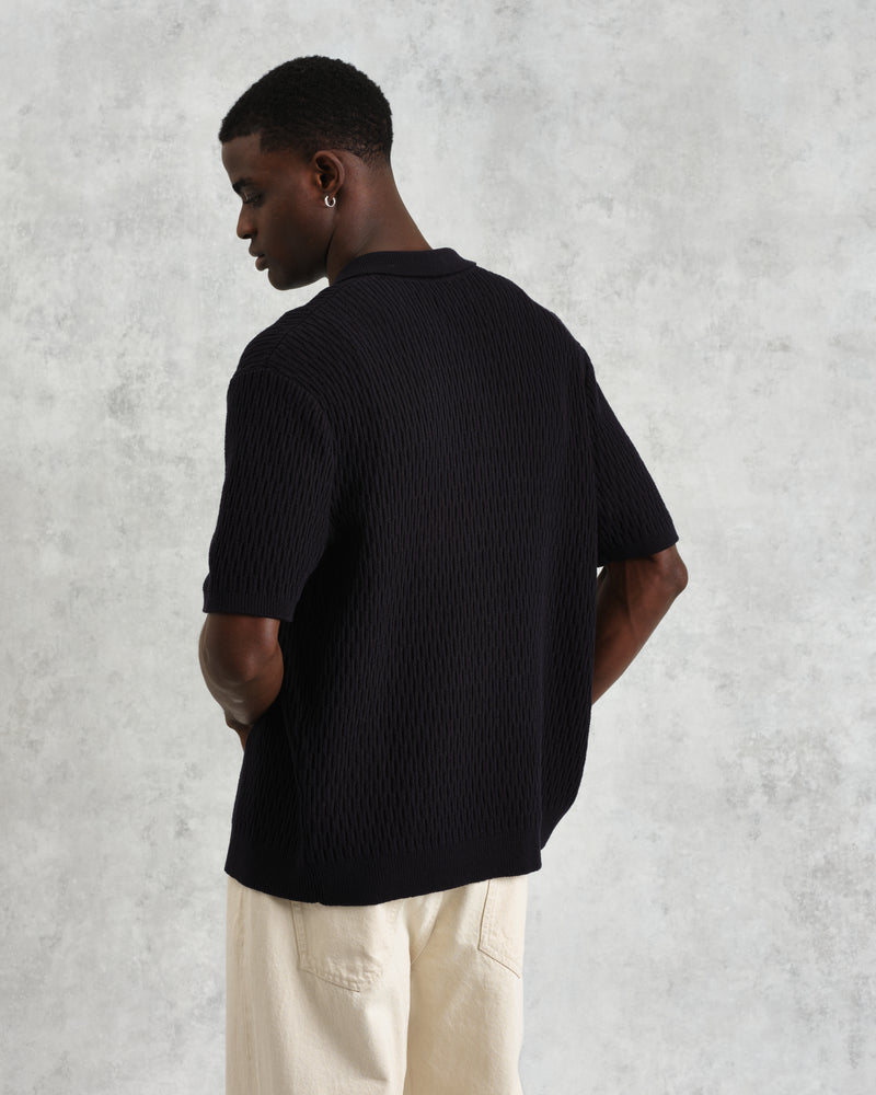 wax london men's Tellaro - Navy Honeycomb Knitted Cotton Polo Shirt