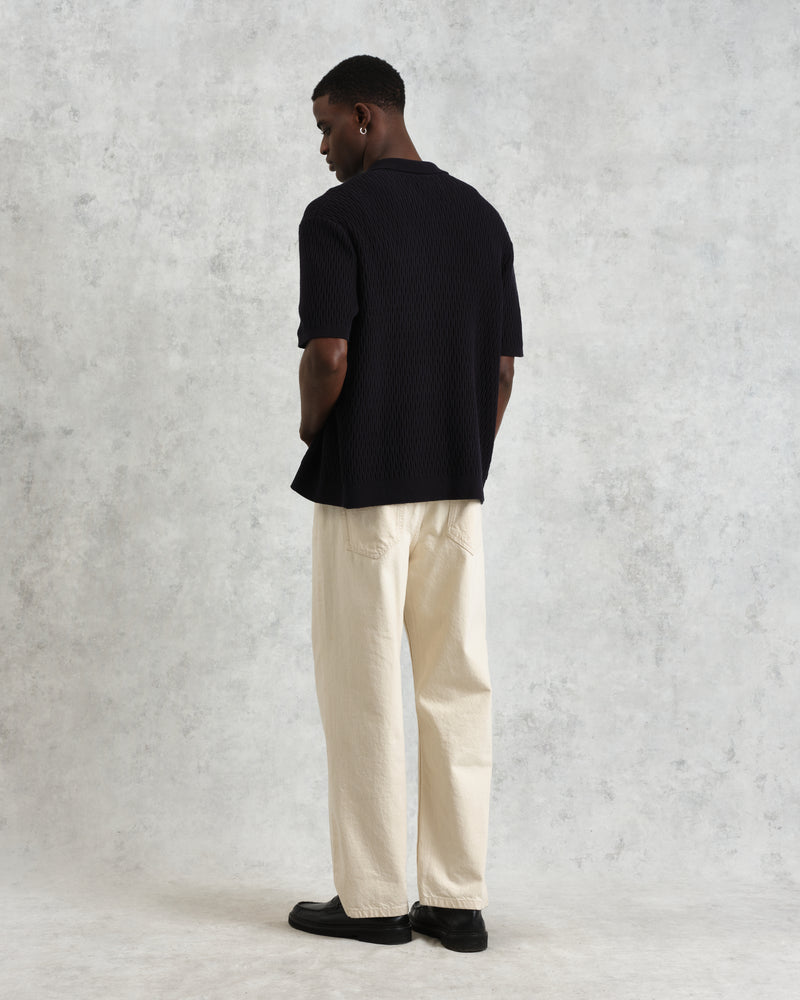 wax london men's Tellaro - Navy Honeycomb Knitted Cotton Polo Shirt