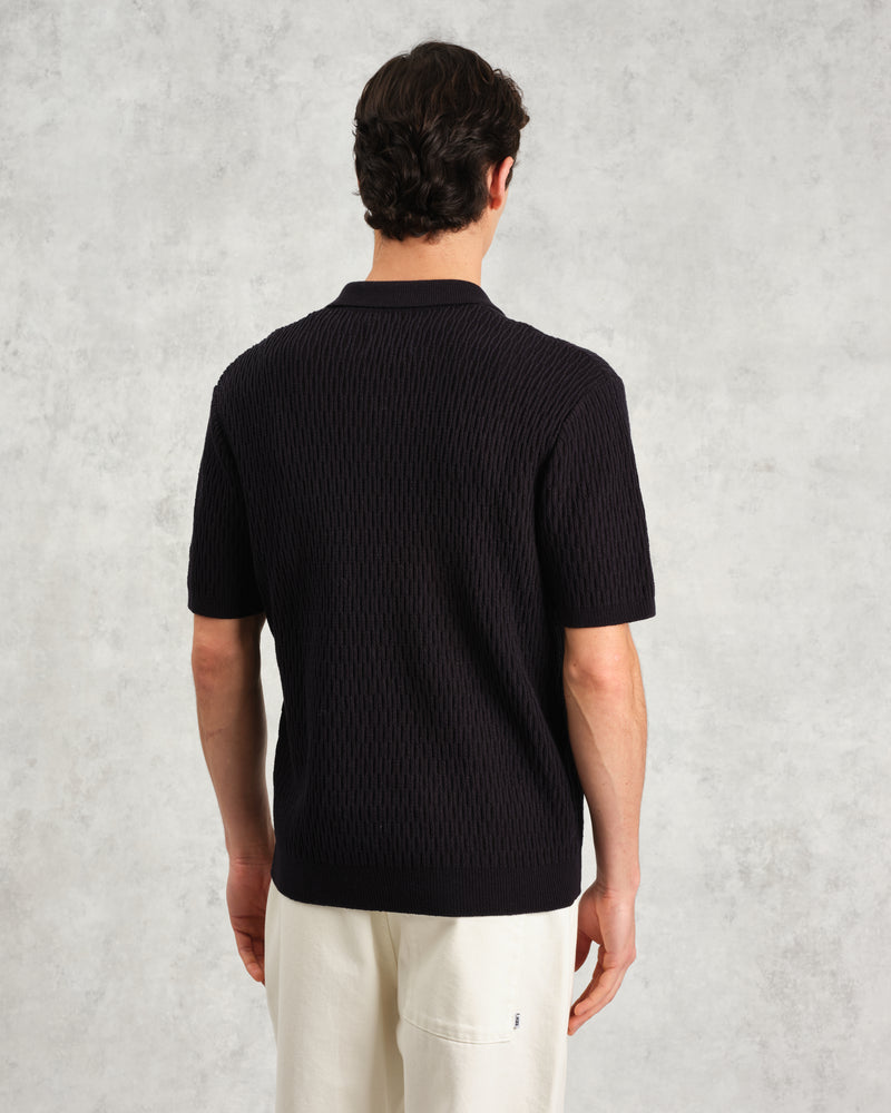 wax london Tellaro - Navy Honeycomb Knitted Cotton Polo Shirt