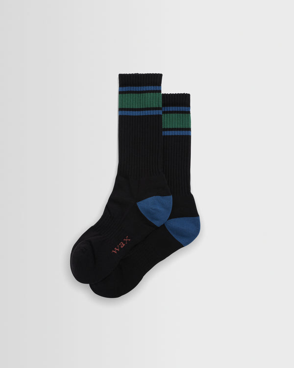 wax london men's Thorpe - Black And Bright Blue Branded Stripe Socks