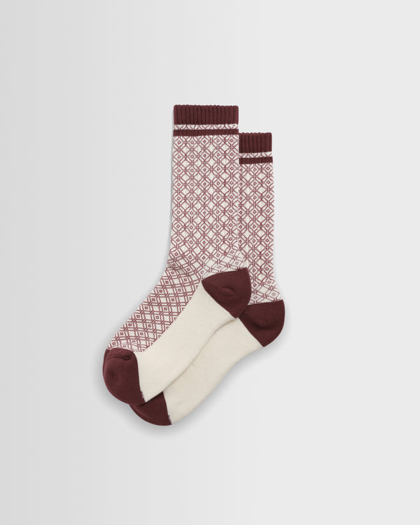wax london men's Thorpe - Ecru And Burgundy Diamond Jacquard Socks