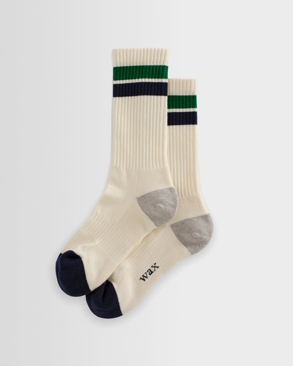 wax london men's Thorpe - Ecru And Green Block Stripe Sports Socks