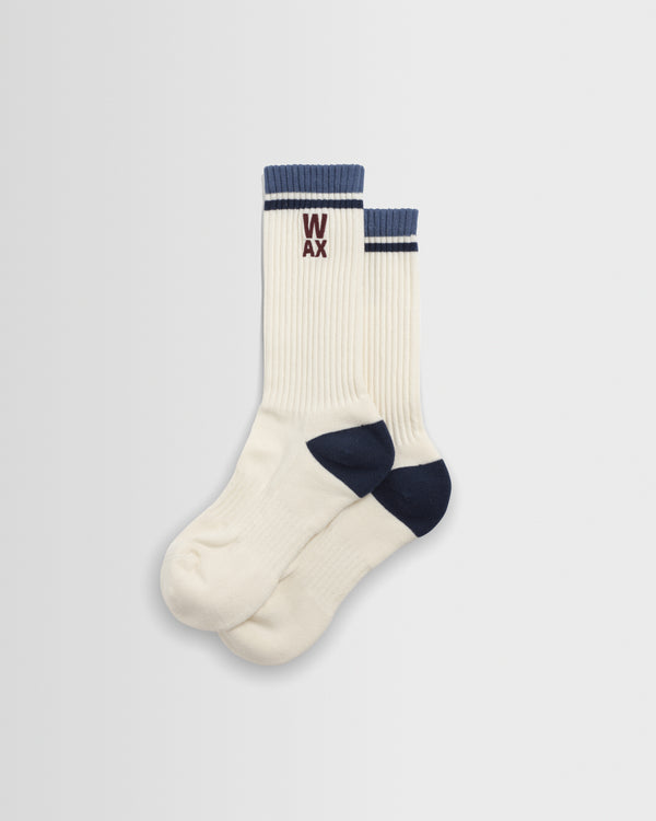 wax london men's Thorpe - Ecru And Navy Branded Stripe Socks