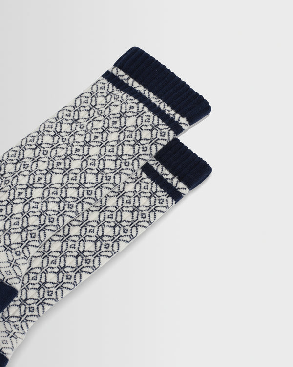 wax london men's Thorpe - Ecru And Navy Diamond Jacquard Socks
