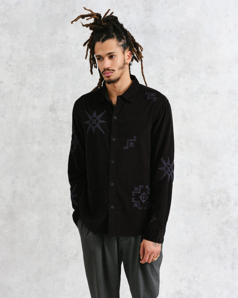 wax london Trin - Black Geometrical Embroidered Corduroy Shirt