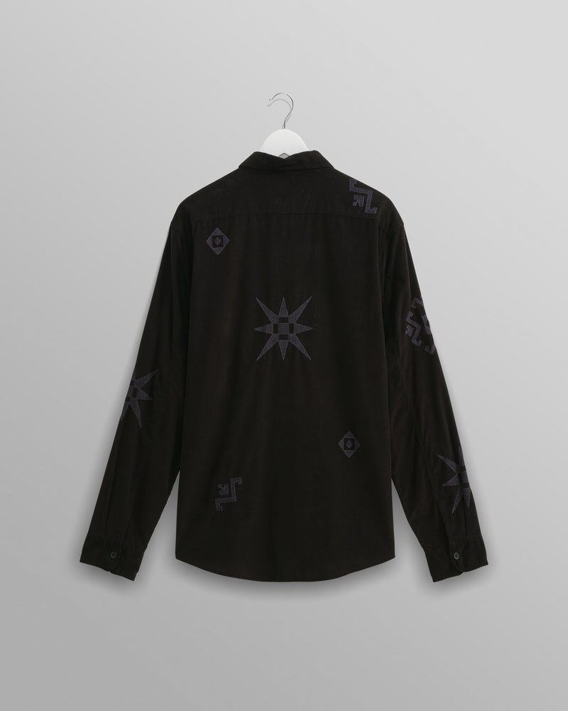 wax london Trin - Black Geometrical Embroidered Corduroy Shirt