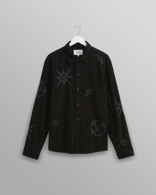 wax london Trin - Black Geometrical Embroidered Corduroy Shirt