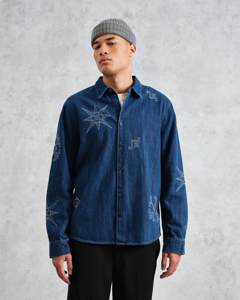 wax london Trin - Blue Geometrical Embroidered Denim Shirt