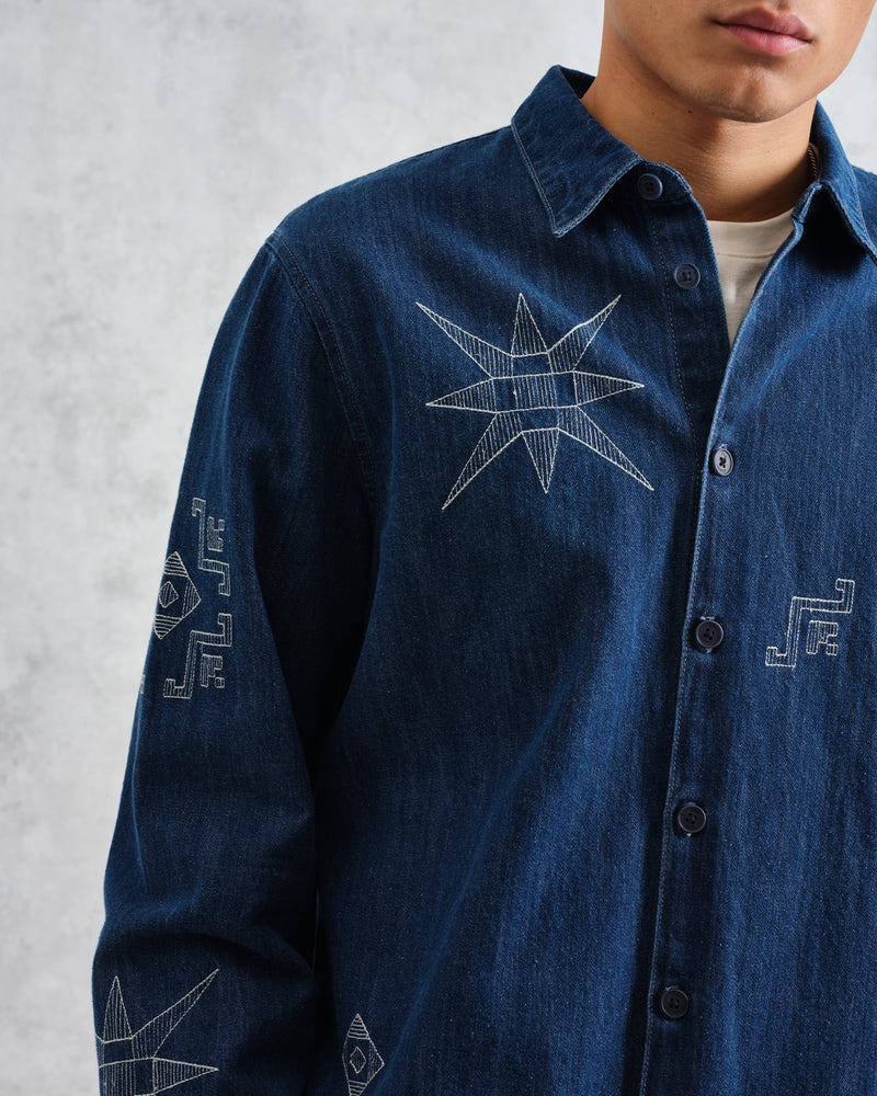 wax london Trin - Blue Geometrical Embroidered Denim Shirt