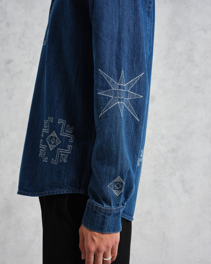 wax london Trin - Blue Geometrical Embroidered Denim Shirt