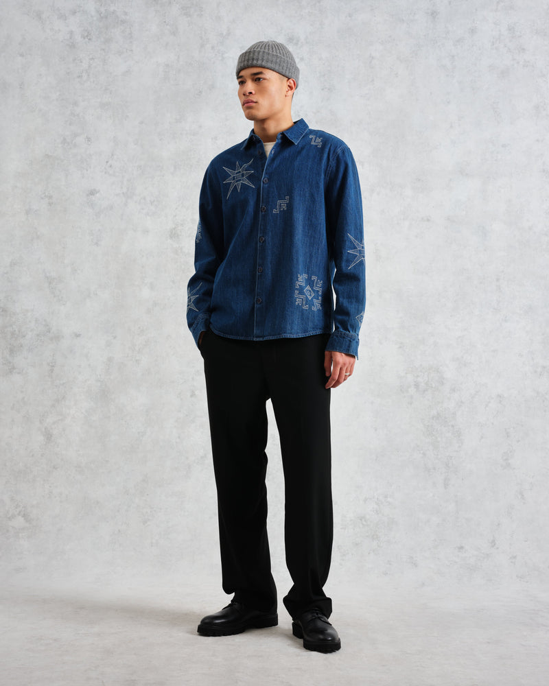 wax london Trin - Blue Geometrical Embroidered Denim Shirt