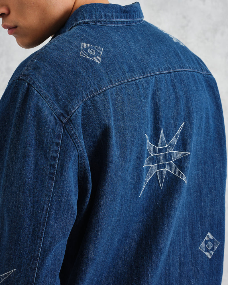 wax london Trin - Blue Geometrical Embroidered Denim Shirt