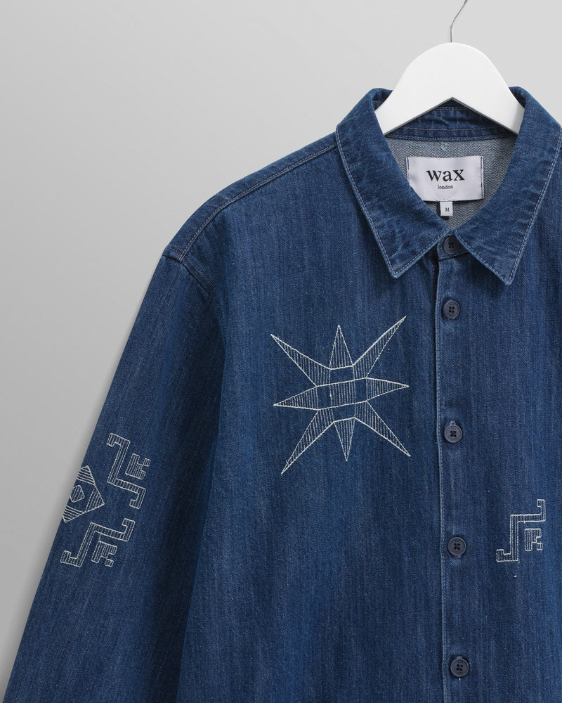 wax london Trin - Blue Geometrical Embroidered Denim Shirt