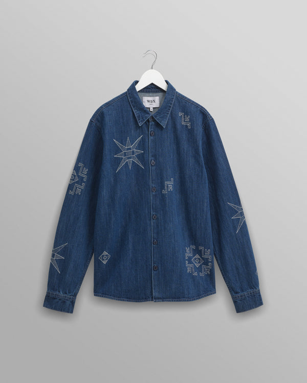 wax london Trin - Blue Geometrical Embroidered Denim Shirt