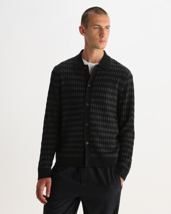 wax london men's Tristan - Black And Charcoal Rib Check Long-Sleeve Knitted Polo