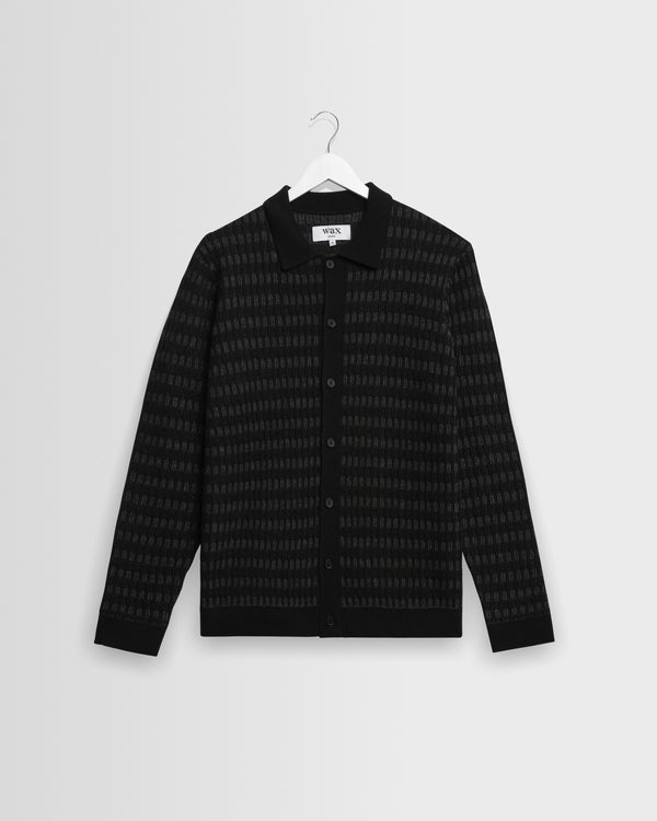 wax london men's Tristan - Black And Charcoal Rib Check Long-Sleeve Knitted Polo