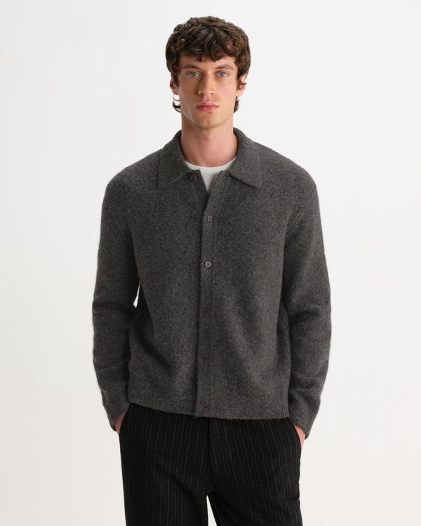 wax london men's Tristan - Charcoal Fluffy Long-Sleeve Knitted Polo