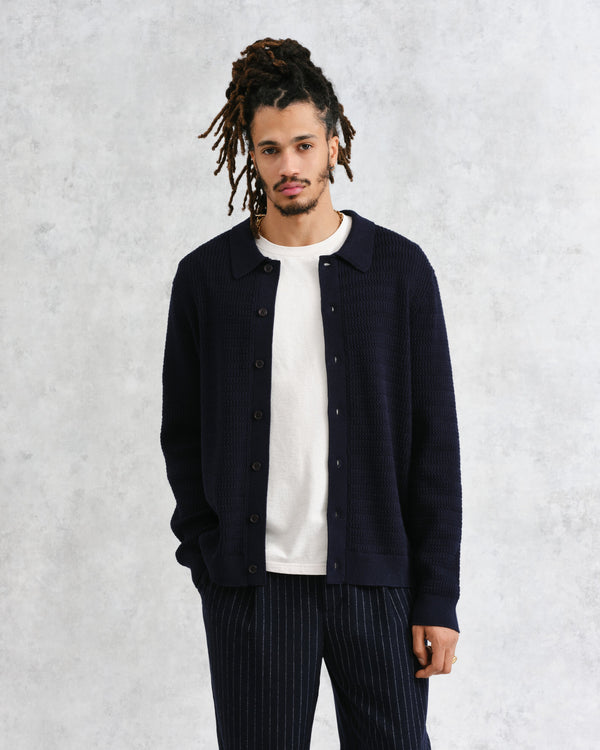 Tristan - Navy Cable Stitch Knitted Shirt