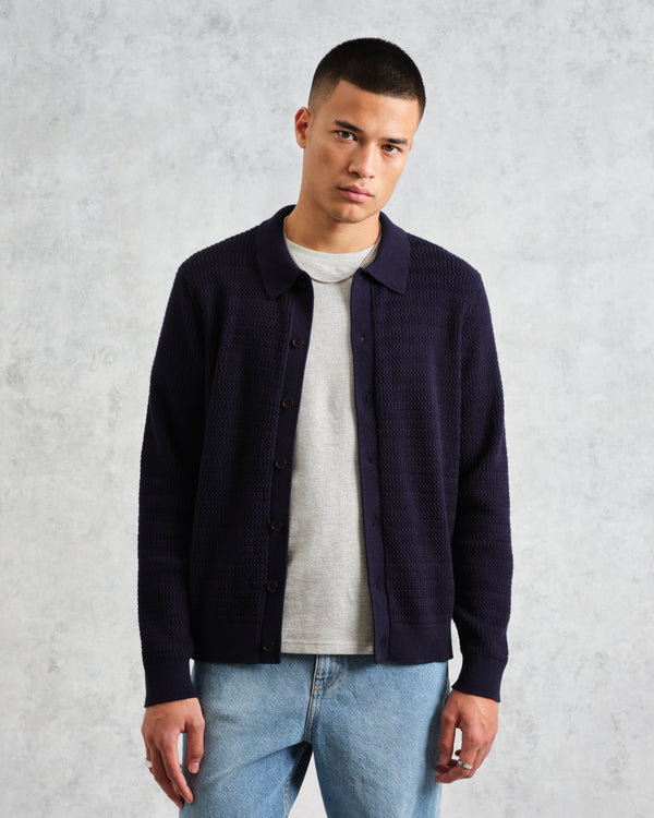 wax london Tristan - Navy Cable Stitch Knitted Shirt