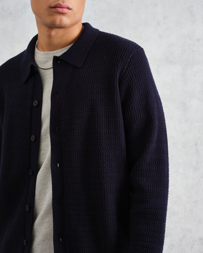 wax london Tristan - Navy Cable Stitch Knitted Shirt