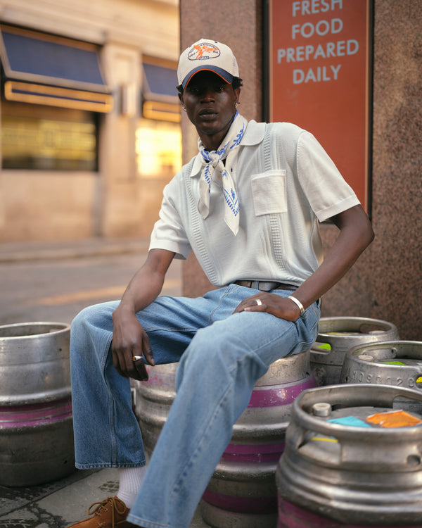 wax london men's Turin - Blue And Ecru Retro Stripe Knitted Cotton Polo