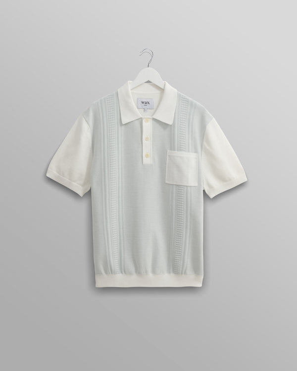 wax london men's Turin - Blue And Ecru Retro Stripe Knitted Cotton Polo