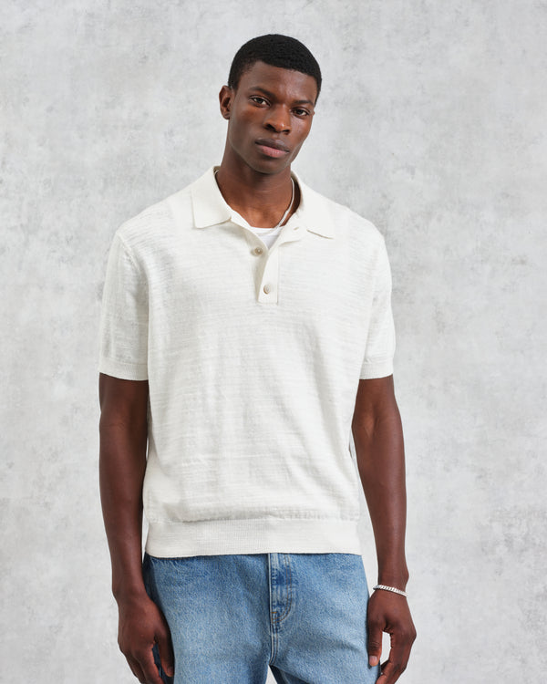 wax london men's Turin - Ecru Slub Knitted Cotton And Linen Polo