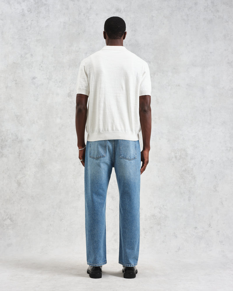 wax london men's Turin - Ecru Slub Knitted Cotton And Linen Polo