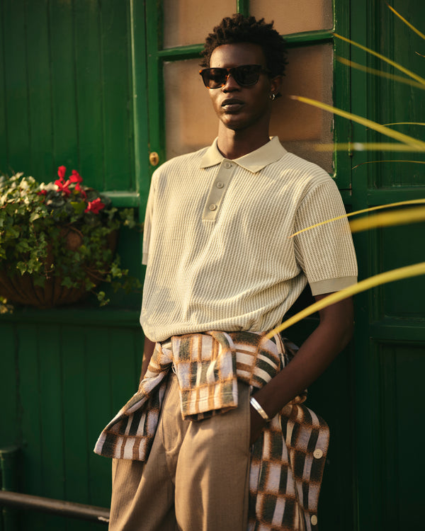 wax london men's Turin - Light Khaki Ladder Stripe Knitted Cotton Polo