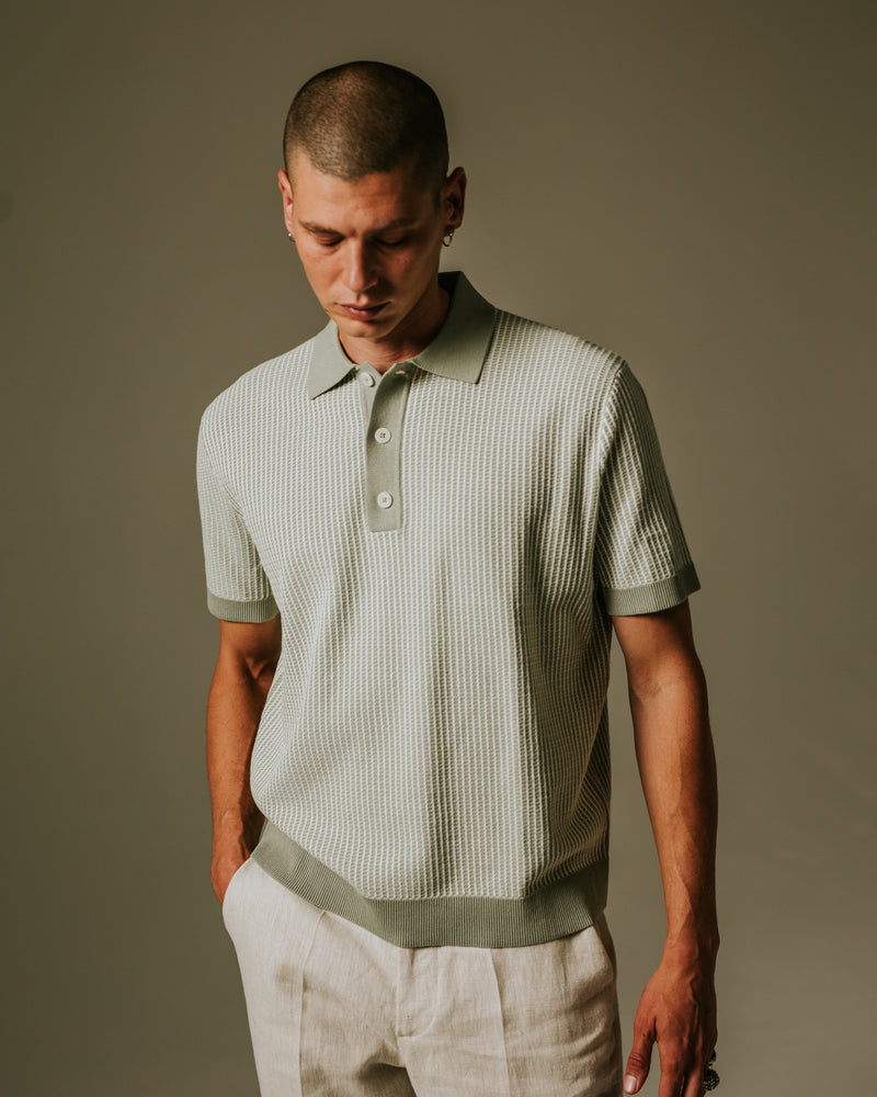 wax london Turin - Light Khaki Ladder Stripe Knitted Cotton Polo