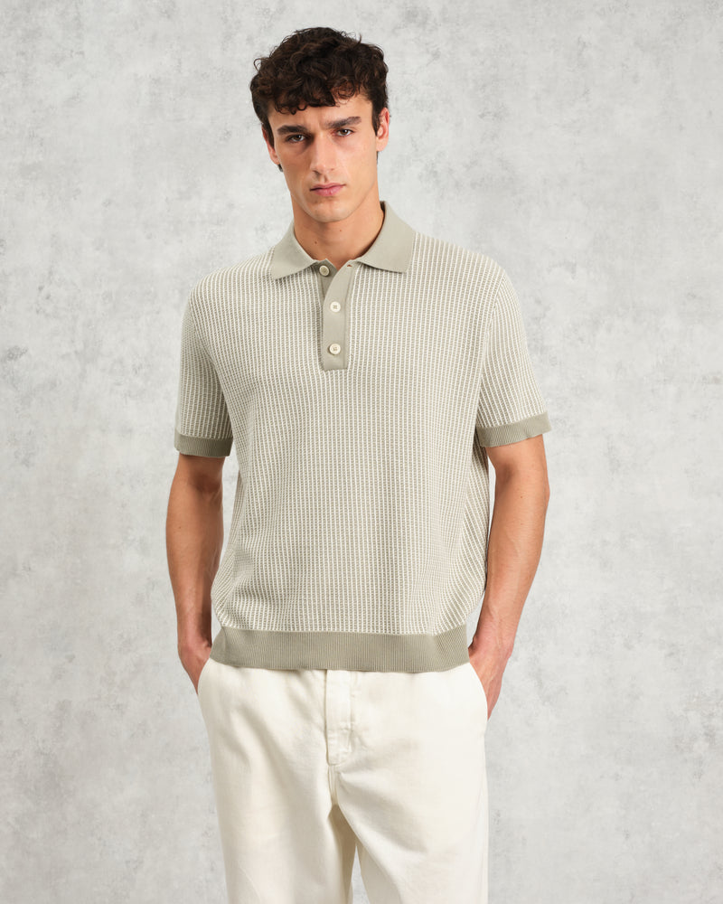 wax london Turin - Light Khaki Ladder Stripe Knitted Cotton Polo