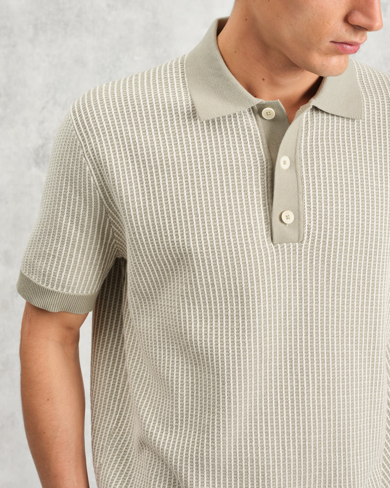 wax london Turin - Light Khaki Ladder Stripe Knitted Cotton Polo