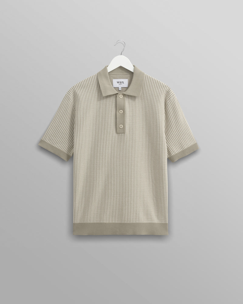 wax london Turin - Light Khaki Ladder Stripe Knitted Cotton Polo