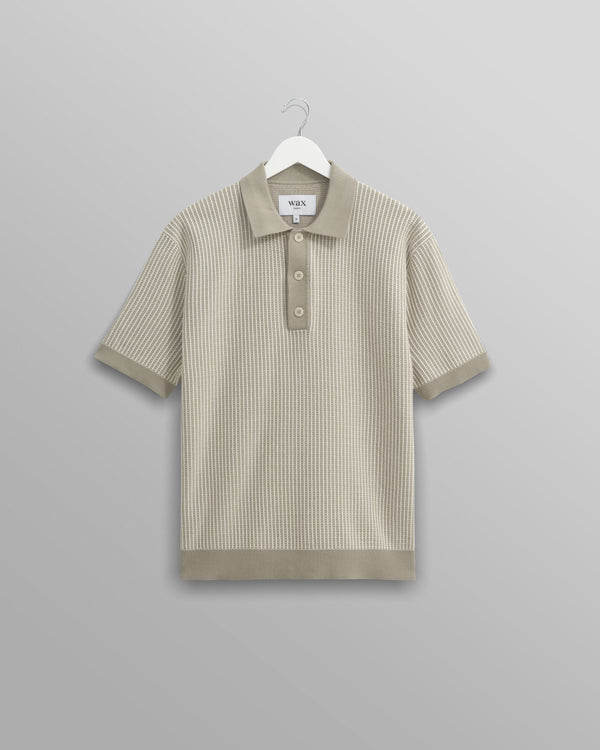 wax london men's Turin - Light Khaki Ladder Stripe Knitted Cotton Polo