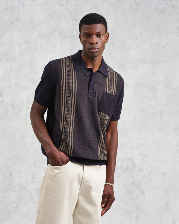 wax london men's Turin - Navy And Khaki Retro Stripe Knitted Cotton Polo
