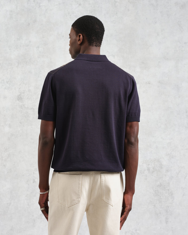 wax london Turin - Navy And Khaki Retro Stripe Knitted Cotton Polo