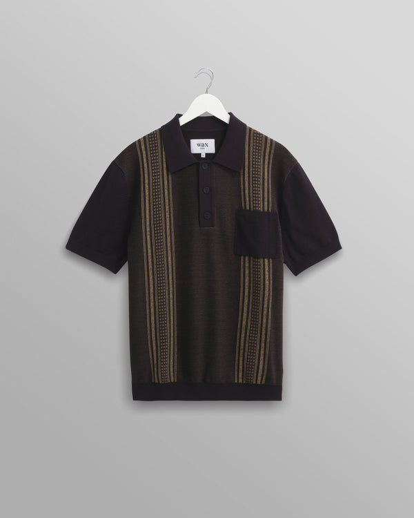 wax london Turin - Navy And Khaki Retro Stripe Knitted Cotton Polo