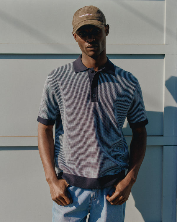 wax london men's Turin - Navy Ladder Stripe Knitted Cotton Polo