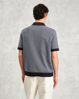 wax london Turin - Navy Ladder Stripe Knitted Cotton Polo