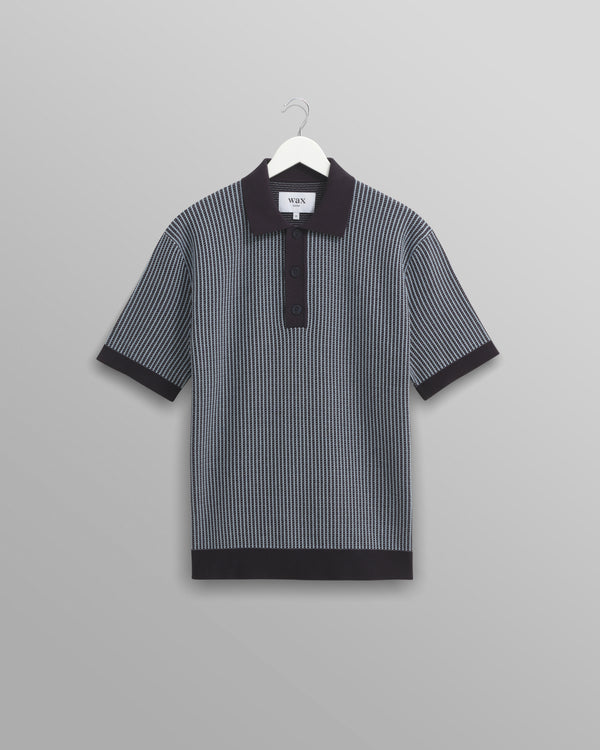 wax london Turin - Navy Ladder Stripe Knitted Cotton Polo